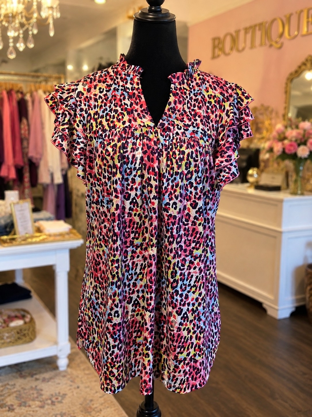Women’s Pink Multicolor Ruffle Sleeve Leopard Print Top